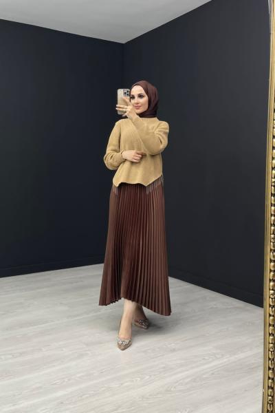 Asya Pileli Etek Kahverengi