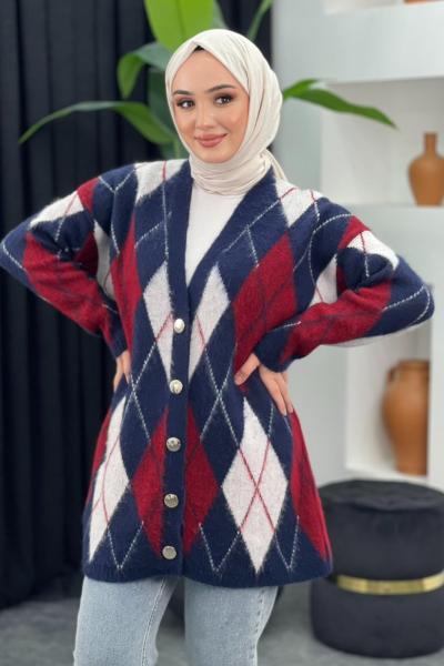 Baklava Desenli Hırka Bordo