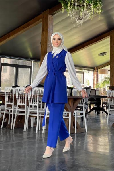 Belgin Yelekli Pantolonlu Takım Saks Mavisi