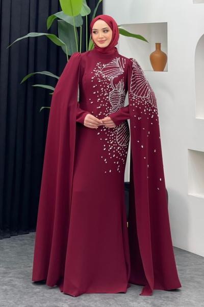 Böre Pelerinli Abiye Bordo