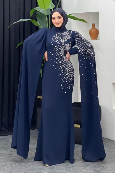 Böre Pelerinli Abiye Lacivert