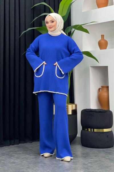 Cep Detaylı Triko Takım Saks Mavisi
