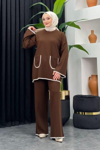 Cep Detaylı Triko Takım Kahverengi