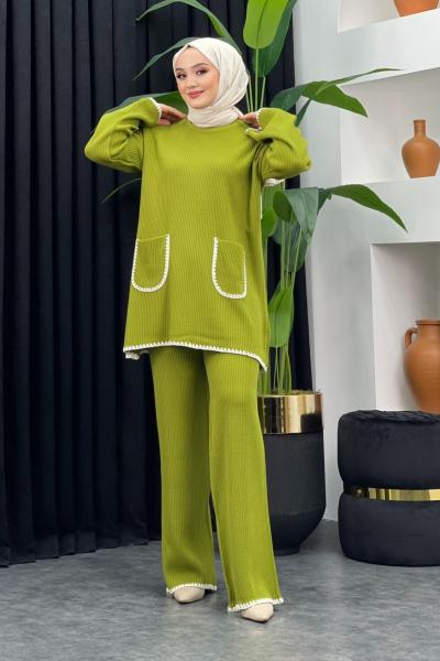 Cep Detaylı Triko Takım Fıstık Yeşili