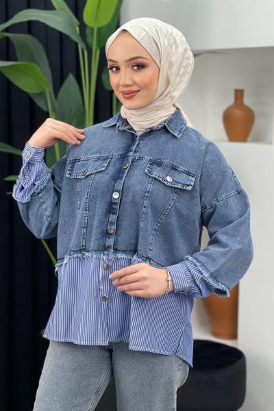 Çizgili Kot Ceket Açık Mavi