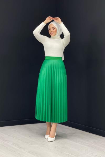 Deri Görünümlü Piliseli Etek Yeşil