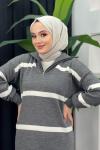 Derya Çizgili Elbise Gri