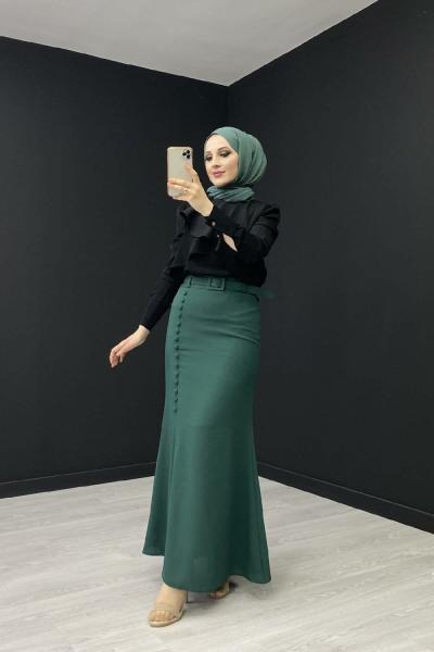 Düğme Detaylı Etek Zümrüt