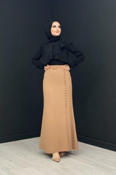 Düğme Detaylı Etek Camel