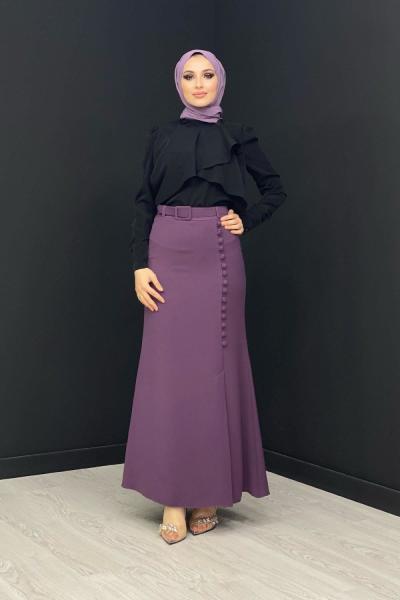 Düğme Detaylı Etek Mor