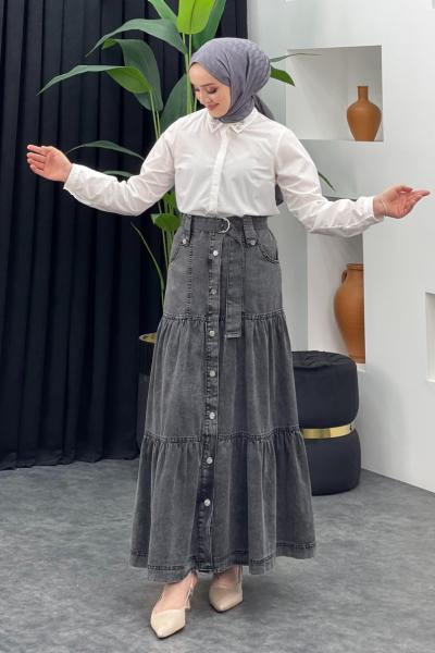 Düğmeli Kot Etek Açık Siyah