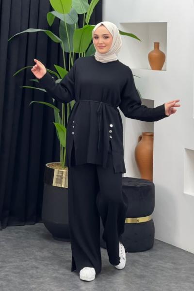 Düğmeli Bağcıklı Pantolonlu Triko Takım Siyah