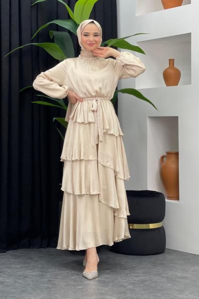 Ediz Katlı Saten Elbise Taş Rengi