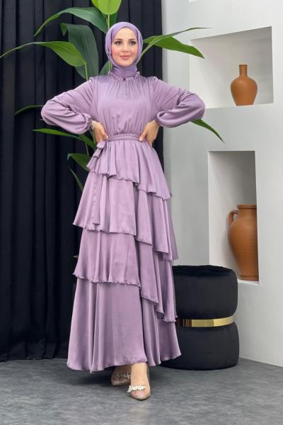 Ediz Katlı Saten Elbise Lila