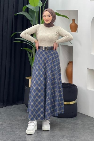 Ekose Etek İndigo Mavisi