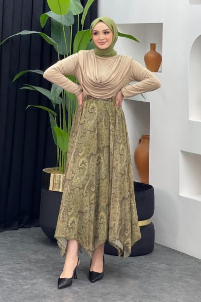 Etnik Desen Şifon Etek Fıstık Yeşili