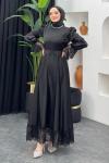 Feride Dantelli Saten Elbise Siyah