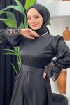 Feride Dantelli Saten Elbise Siyah