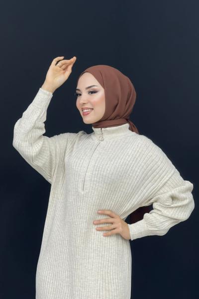 Fermuarlı Triko Elbise Taş Rengi