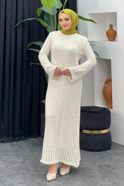 Fileli Elbise Ekru/Beyaz