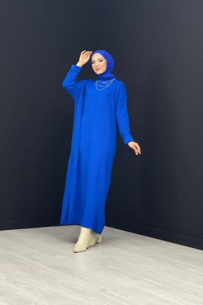 Fitilli Boydan Triko Elbise Saks Mavisi