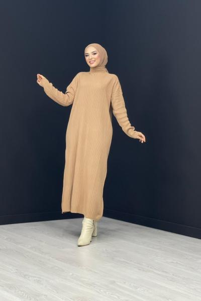 Fitilli Boydan Triko Elbise Sütlü Kahve