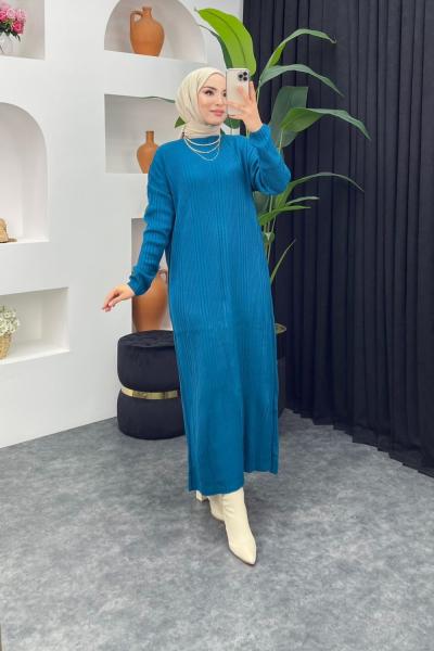 Fitilli Boydan Triko Elbise Petrol Mavisi