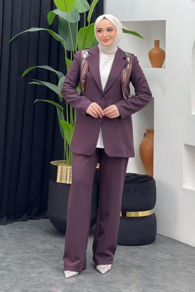 Fularlı Ceket Takım Bordo
