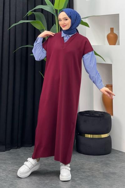 Gömlek Detaylı Triko Elbise Bordo