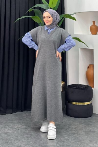 Gömlek Detaylı Triko Elbise Gri