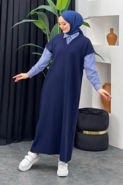 Gömlek Detaylı Triko Elbise Lacivert