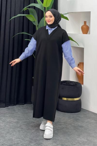 Gömlek Detaylı Triko Elbise Siyah