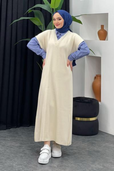 Gömlek Detaylı Triko Elbise Taş Rengi