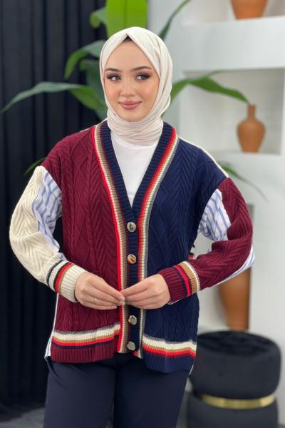 Gömlek Detaylı Hırka Bordo