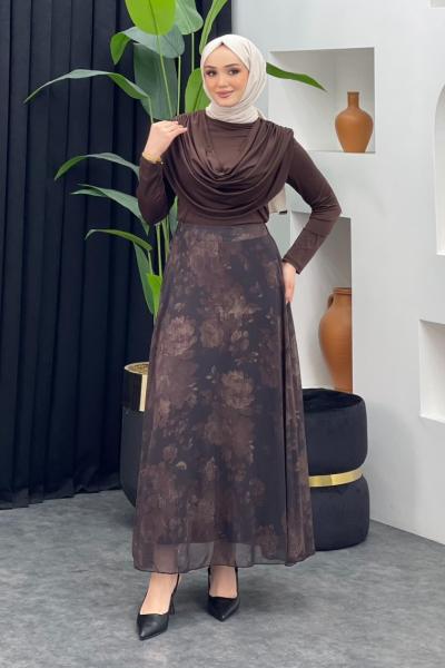 Gül Detaylı Şifon Etek Kahverengi