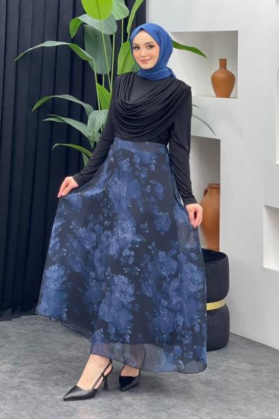 Gül Detaylı Şifon Etek Lacivert
