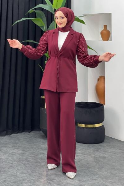 Hüda Pullu Abiye Takım Bordo