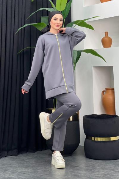 Kapşonlu Scuba Pantolonlu Takım Gri