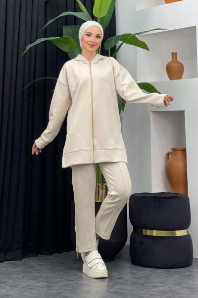 Kapşonlu Scuba Pantolonlu Takım Taş Rengi