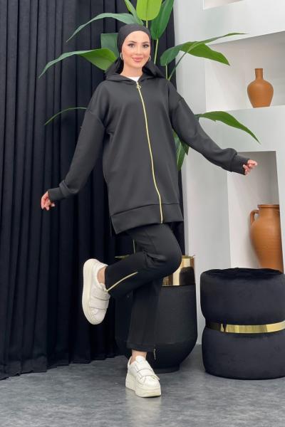 Kapşonlu Scuba Pantolonlu Takım Siyah