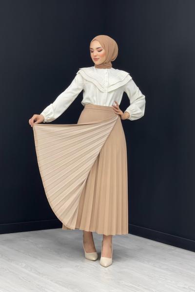 Kat Detaylı Etek Sütlü Kahve