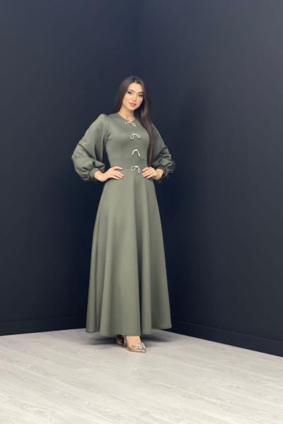 Kelebek Detay Scuba Elbise Haki Yeşili