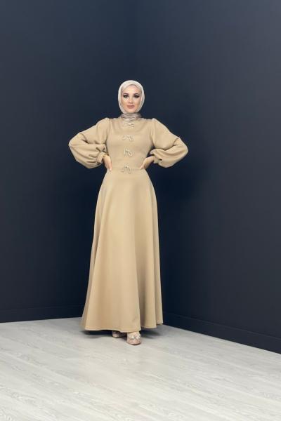 Kelebek Detay Scuba Elbise Sütlü Kahve