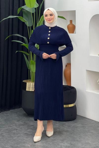 Kelebek Pelerinli Elbise Lacivert