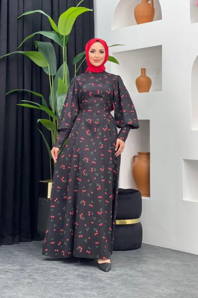 Kirazlı Elbise Siyah