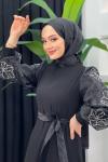 Kolu Gül Detaylı Abiye Siyah