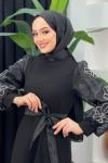Kolu Gül Detaylı Abiye Siyah