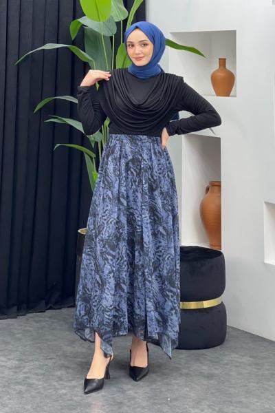 Leopar Desenli Şifon Etek Mavi