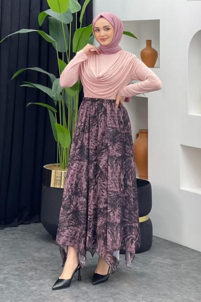 Leopar Desenli Şifon Etek Lila