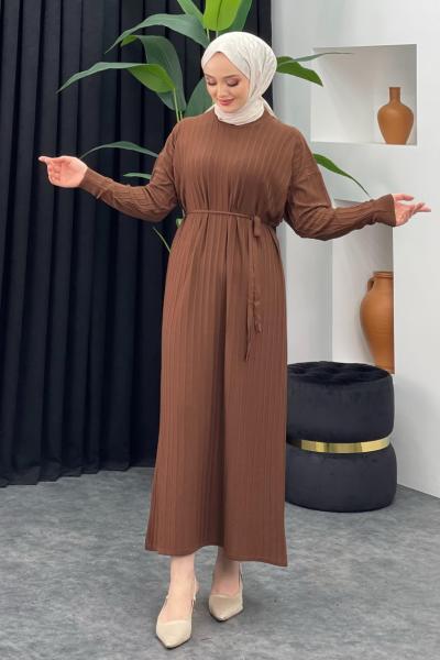 Merserize Çizgili Elbise Kahverengi